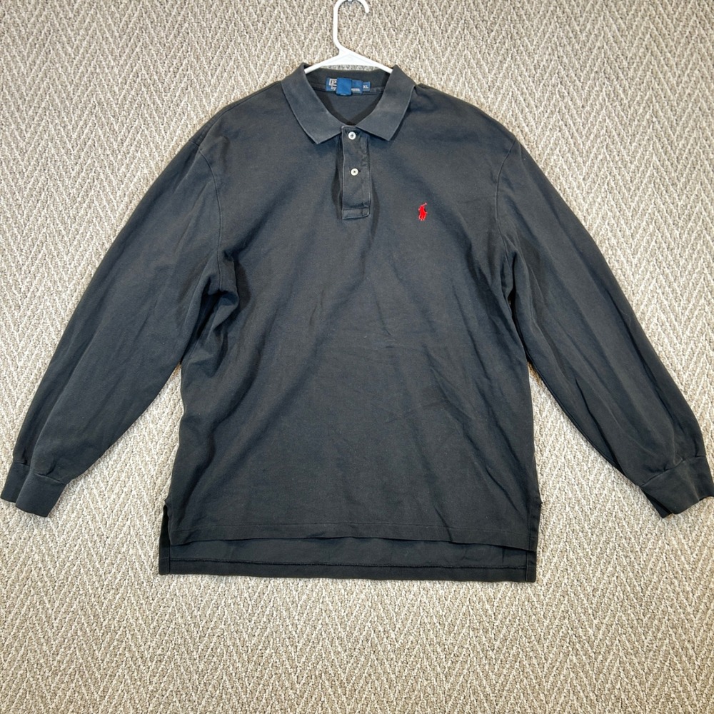 Polo Ralph Lauren Shirt Mens XL Black Long Sleeve Vtg Pique Polo Red Pony Logo